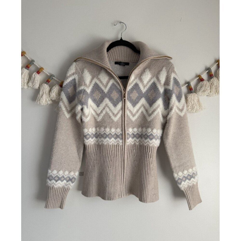 Tahari Double Knit Shawl Collar Full Zip Peplum Fair Isle Cardigan Preppy Modest
